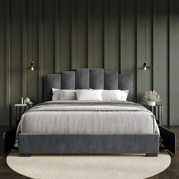 Home Design Yuma Queen Upholstered Storage Platform Bed Frame with Stepped Headboard Design and Four Under-Drawers, Dark Gray, Easy Assembly