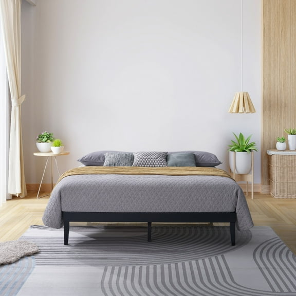 Home Design Zion Twin Solid Wood Platform Bed Frame with Slatted Wood Kit and Center Support, Black, Easy Assembly