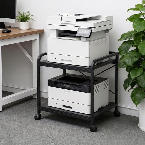 Home Under Desk Printer Stand, 20" Deep Large Printer Table with Height Adjustable Storage Shelf, 2 Tier Rolling Printer Cart with Wheels for Home Office, White
