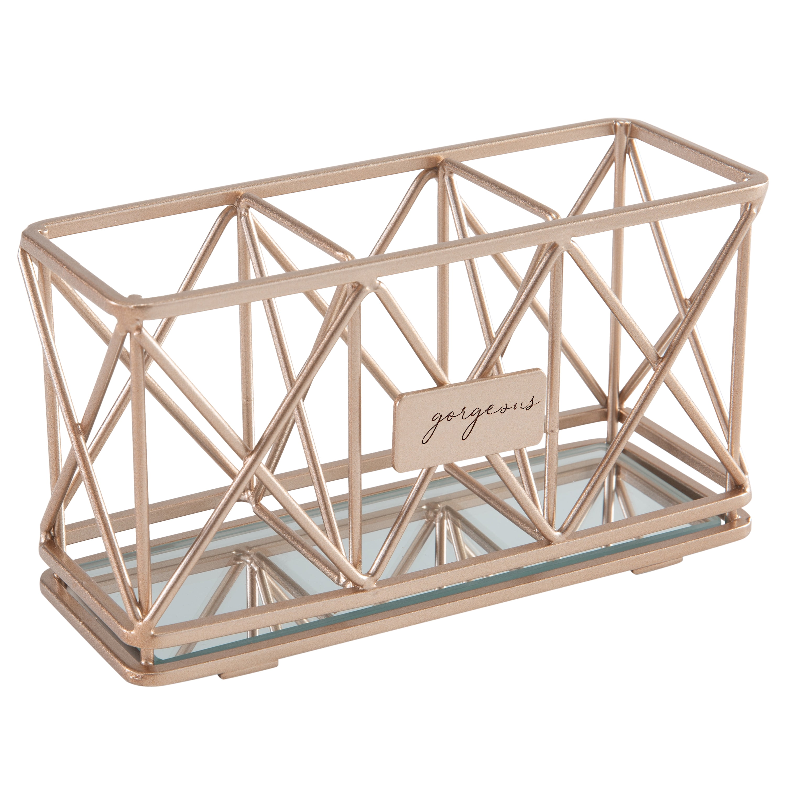 Rose Gold Metal 3-Compartment Cosmetic Organizer with Mirrored Base