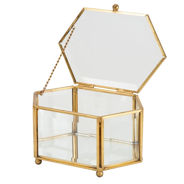 Home Details Vintage Mirrored Bottom Diamond Shape Glass Keepsake Box in Gold