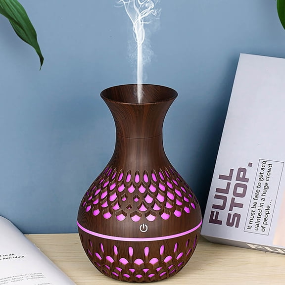 Home Diffuser,Essential Oil Diffuser,Hollow Wood Grain Lighting Desktop Small Humidifier Aromatherapy,Essential Oil Diffuser Gift Set,Diffuser & Essential Oil Set - Waterless Auto(Brown)