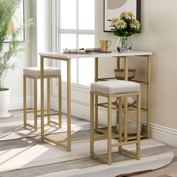 Home Dining Table and Stools Set, SYNGAR 3 PCS Pub Set: 1 Faux Marble Countertop Table and 2 Cushioned Stools, Modern Kitchen 2 Person Bistro Table Set, Counter Height Bar Set, White & Gold, D5686