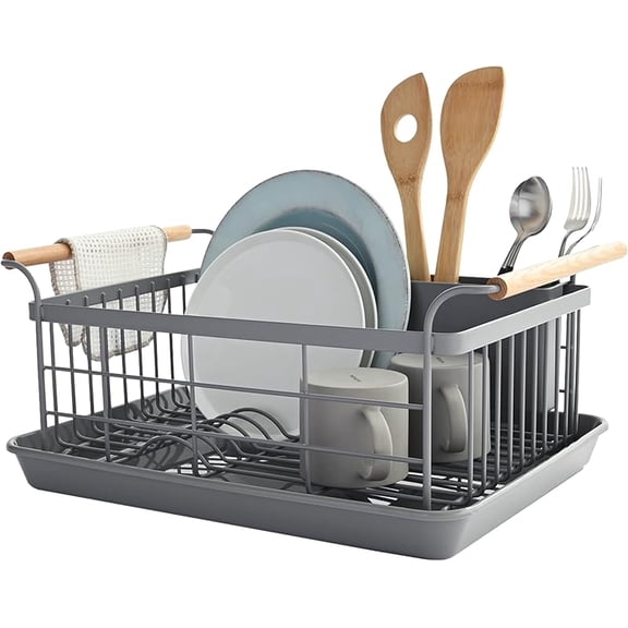 Home Dish Drying Rack – Modern White Dish Rack for Kitchen Counter with Removable Drainer Tray and Cutlery Holder, Steel + Wood Dish Drying Organizer, Small Space-Saving Design