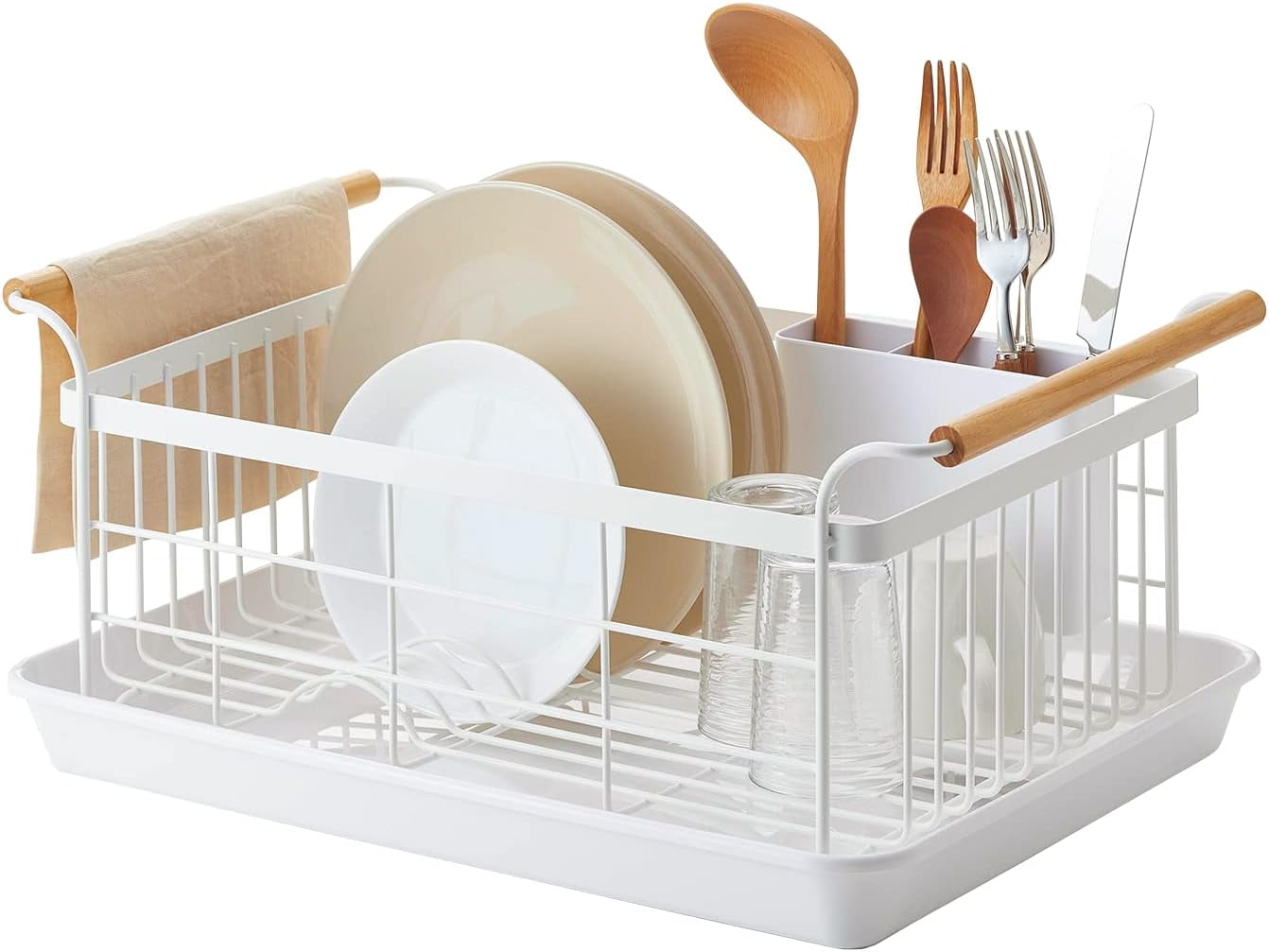 Tosca 13'' White Steel Dish Drainer Rack with Wood-Accent Handles