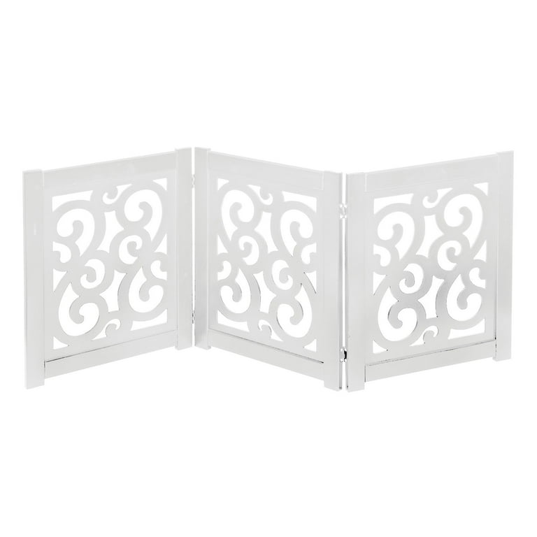 Home District Freestanding Pet Gate Solid Wood 3 Panel Tri Fold Folding Dog Gate Dog Fence for Doorways Stairs Decorative Pet Barrier White Scroll Design 47 x 19 Walmart