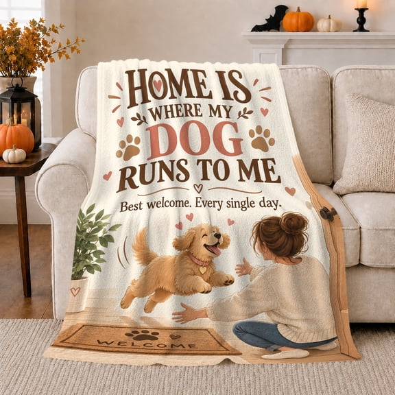 Home Is Where My Dog Runs Me Welcome, Playful Pet Portrait Pattern, Warm Flannel Blanket for Living Room and Reading Nook, Dog Lovers Friendship Gift, Pet Lover Home Decor
