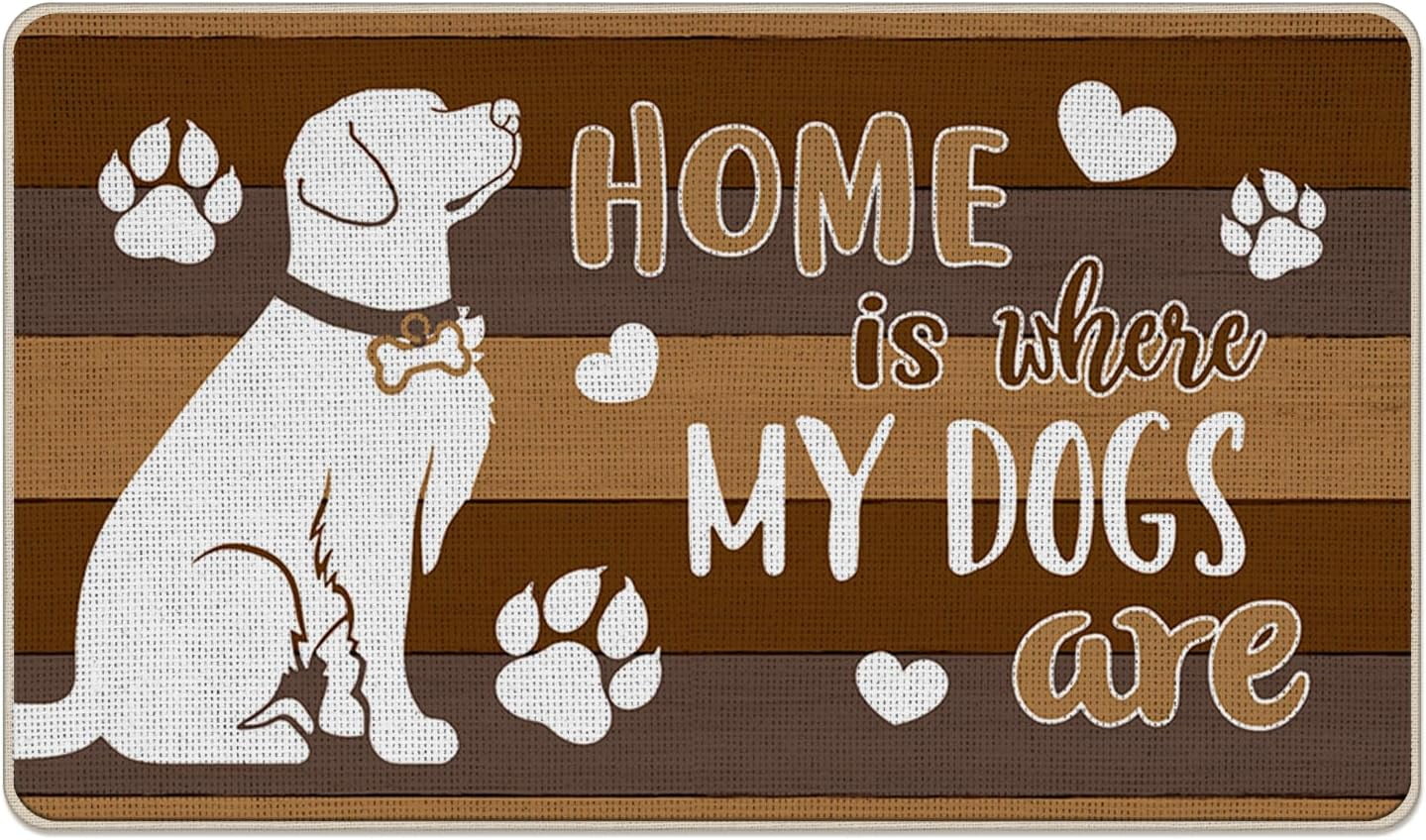 Home is Where My Dogs are Decorative Front Door Mat, Paw Prints Heart Welcome Doormat Indoor Outdoor Non-Slip Floor Entryway Rug, Farmhouse Home Kitchen Decoration Pet Lover Gift 17x30 Inch
