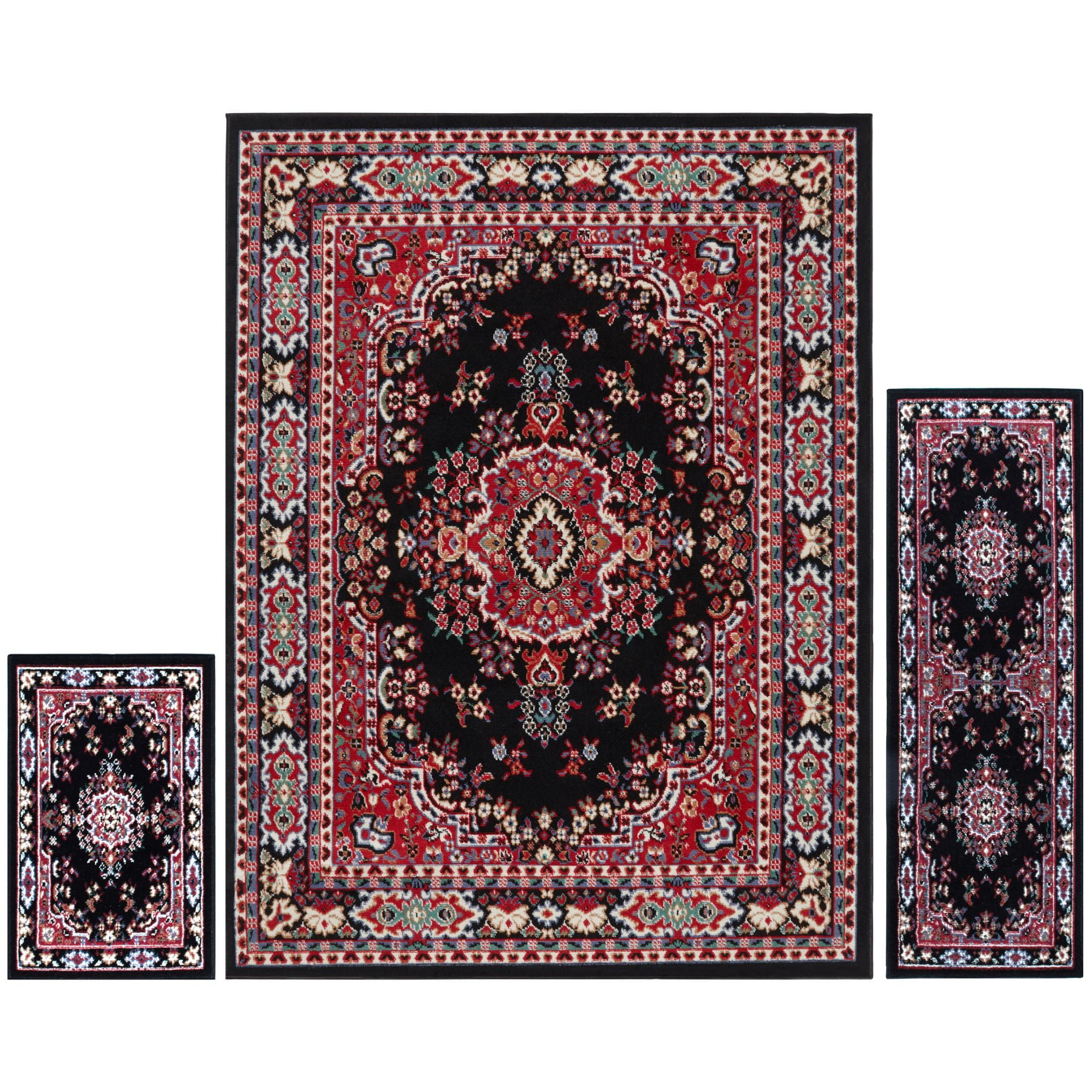 Classic Persian Style Black and Red Synthetic Area Rug Set