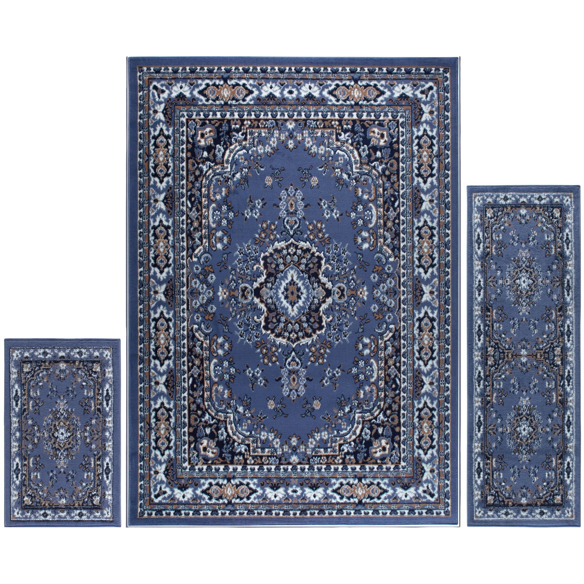 Blue Rectangular Synthetic Traditional Medallion Area Rug Set