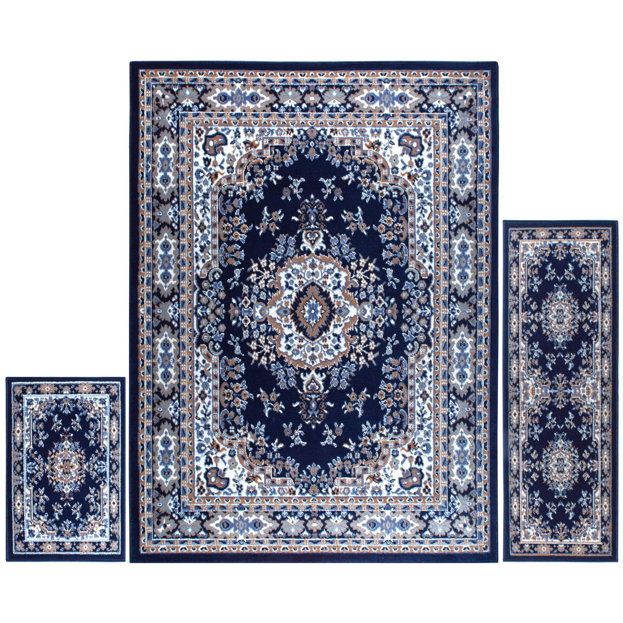 Navy Blue Ariana Ksara 3-Piece Synthetic Area Rug Set