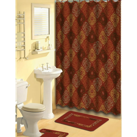 Home Dynamix Bath Boutique Shower Curtain and Bath Rug Set: 1574-213 Brick Red: 15 Piece Bath Set