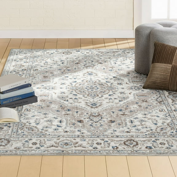 Home Dynamix Belmar Sterling Medallion Floral Border Area Rug, Grey/Ivory, 6'6"x9'6"