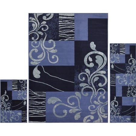 Home Dynamix Black Blue Transitional Vines 3PC Rug Set - Area Rug (5' x 7'), Runner (2' x 5'), Accent Mat (2' x 3')