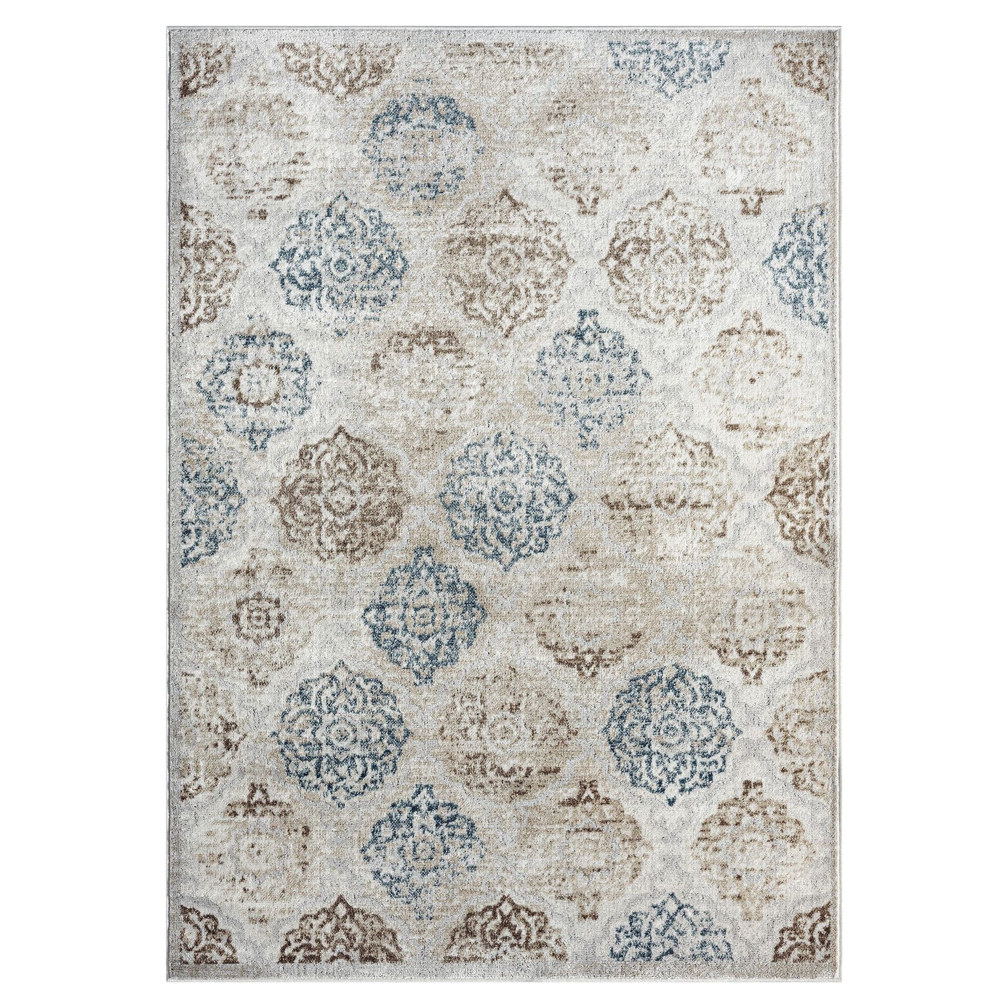 Ivory and Navy Blue Synthetic Medallion Rectangular Rug, 3 x 5