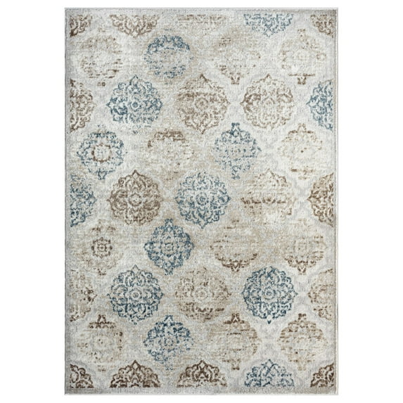 Home Dynamix Boho Andorra Transitional Damask Area Rug, Ivory/Navy Blue, 5'2"x7'2"