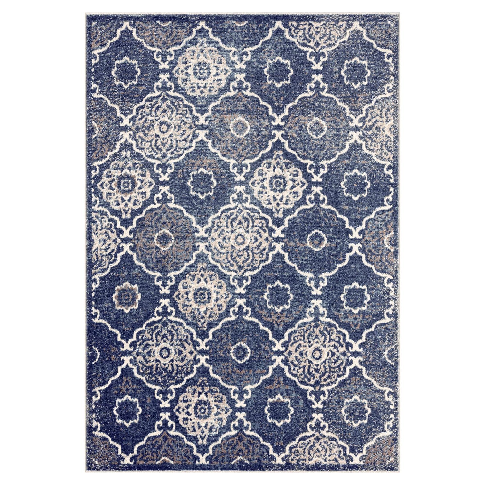 Ivory and Navy Blue Tufted Medallion Synthetic Area Rug, 5'2"x7'2"