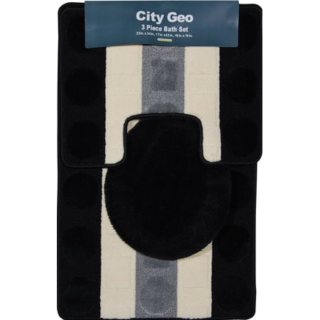 Home Dynamix City Geo Bath Rug Set: CIT3S-457 Black-Ivory Piece Set: 3 Piece Bath Rug Set