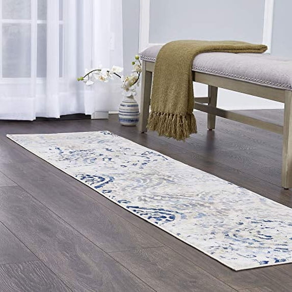 Home Dynamix Melrose Audrey Moroccan Ogee Damask Runner Area Rug, Ivory/Blue, 1'8"x7'2"