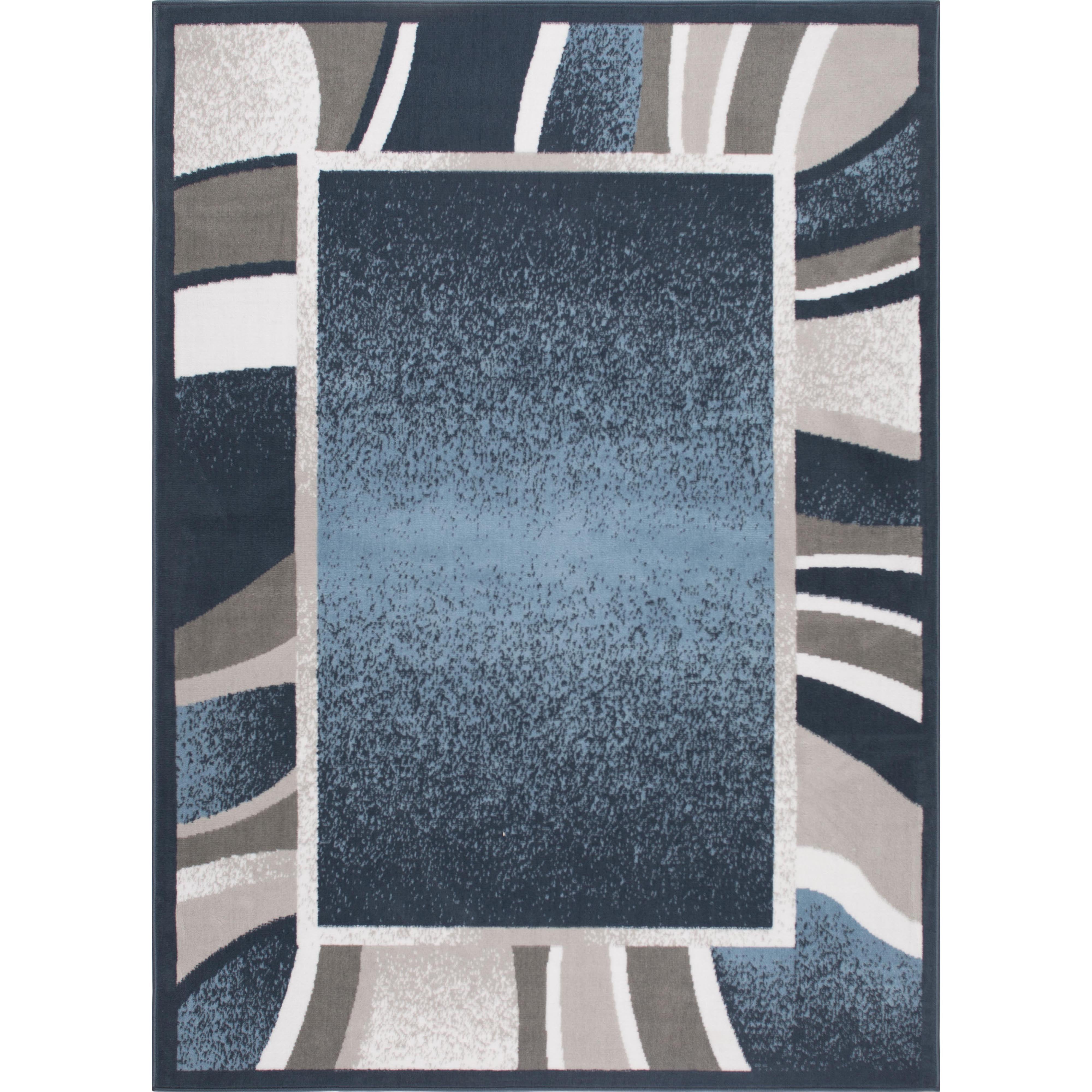 Blue and Gray Abstract Border Area Rug, 5'2" x 7'4"