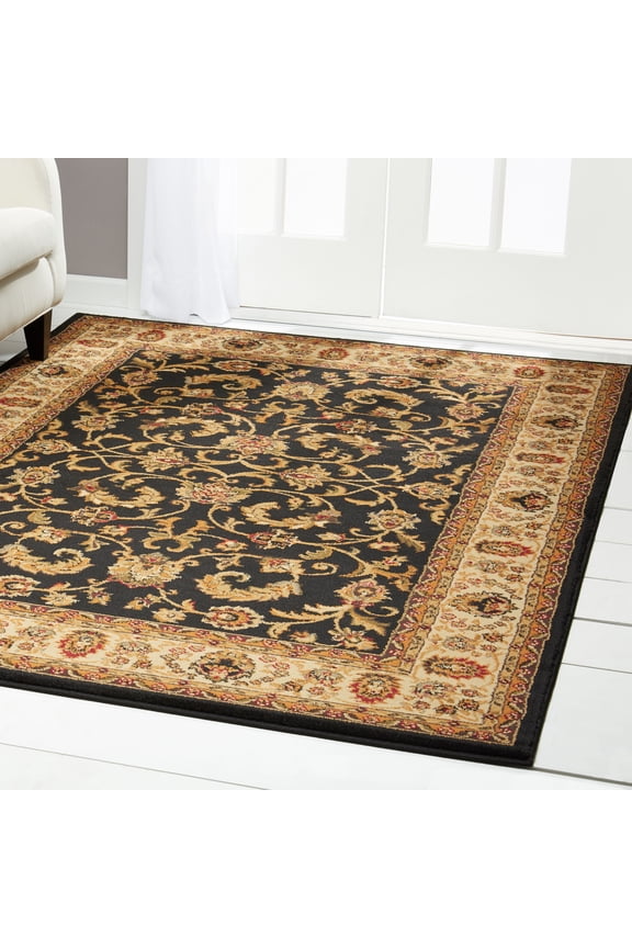 Royalty Elati Traditional Ornate Damask Area Rug, Black/Ivory, 5'2"x7'2"