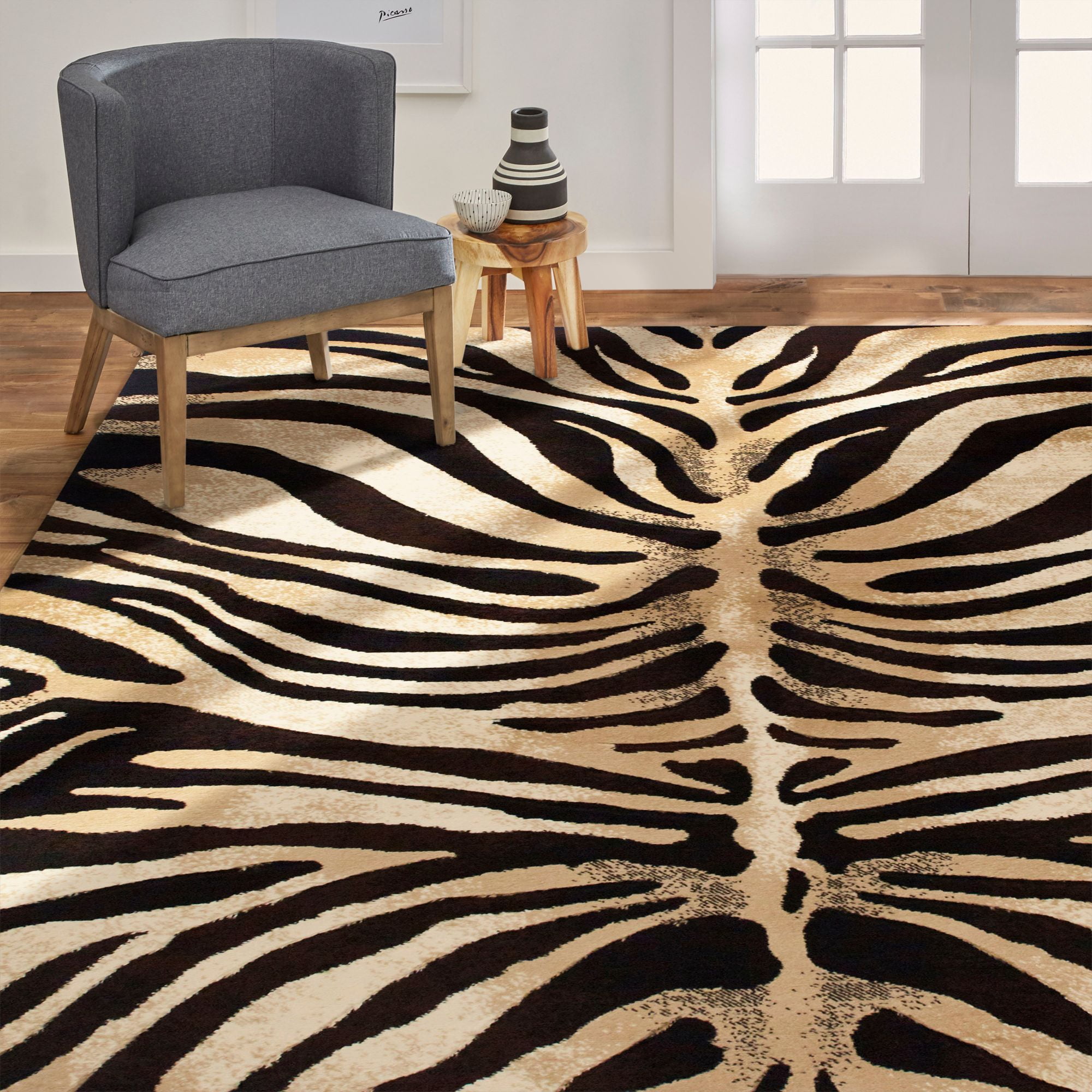 Fawn Black and Ivory Zebra Print Area Rug
