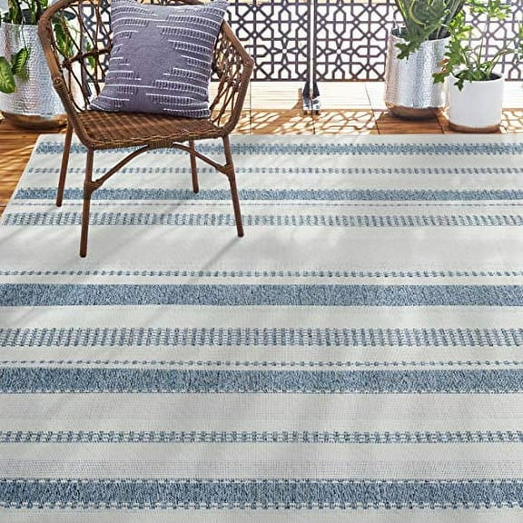 Home Dynamix Tripoli Mateo Modern Striped Indoor/Outdoor Area Rug, Dark Blue/Cream, 5'3"x7'3"