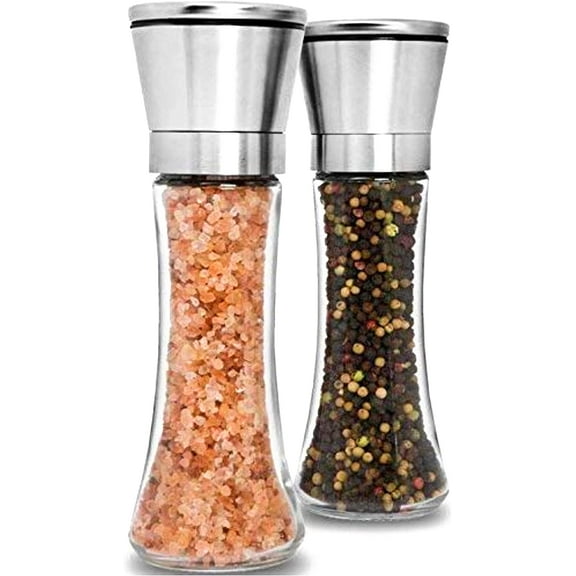 Home EC Premium Stainless Steel Salt and Pepper Grinder Set of 2 - Adjustable Ceramic Sea Salt Grinder & Pepper Grinder - Tall Glass Salt and Pepper Shakers - Pepper Mill & Salt Mill with Funnel