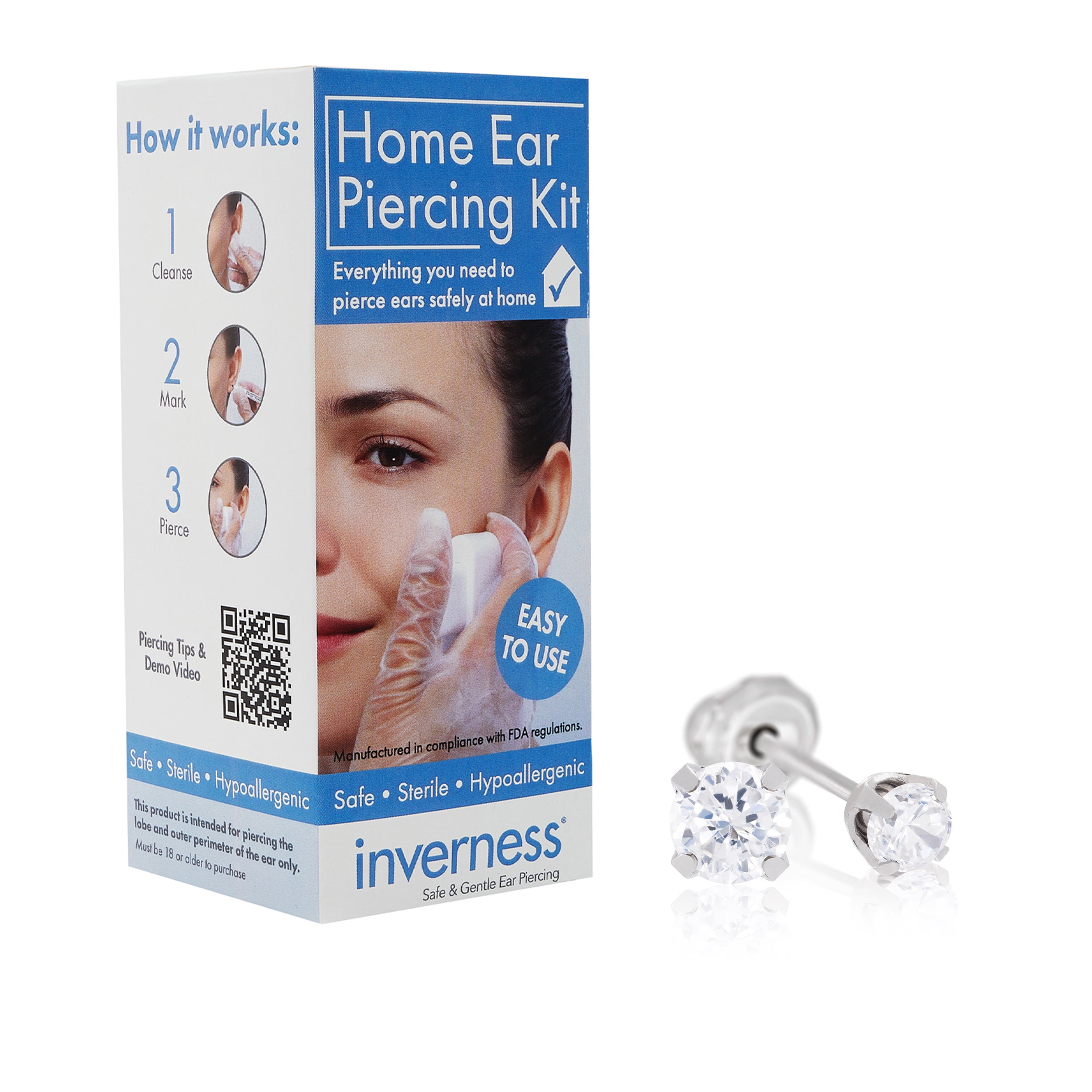 14kt White Gold 3mm Cubic Zirconia Long Post Studs Ear Piercing Kit with  Ear Care Solution