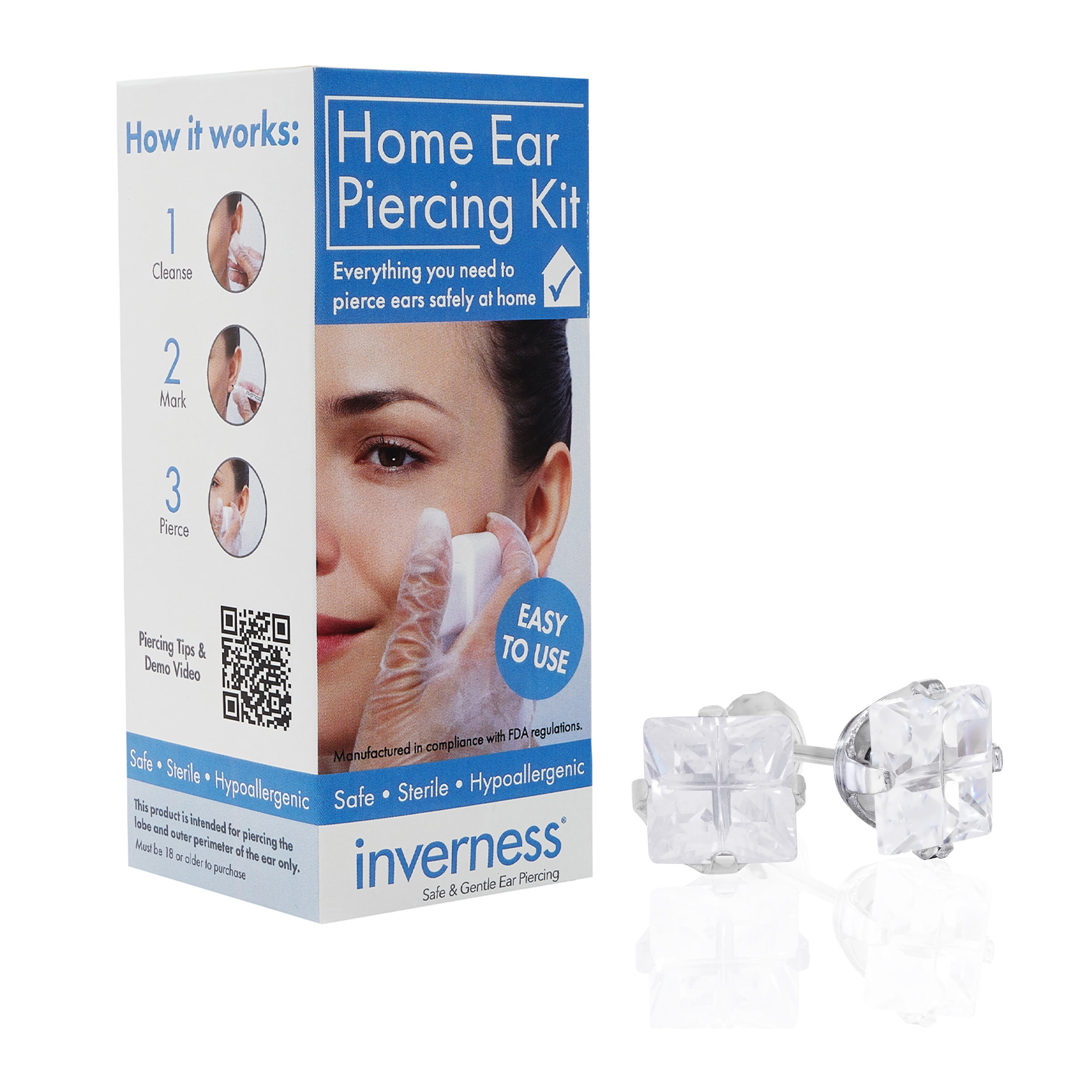 Home Ear Piercing Kit with Stainless Steel 7mm Faceted Cubic