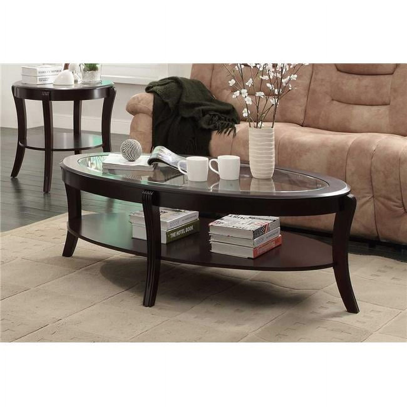 Espresso Oval Wood and Glass Cocktail Table with Shelf