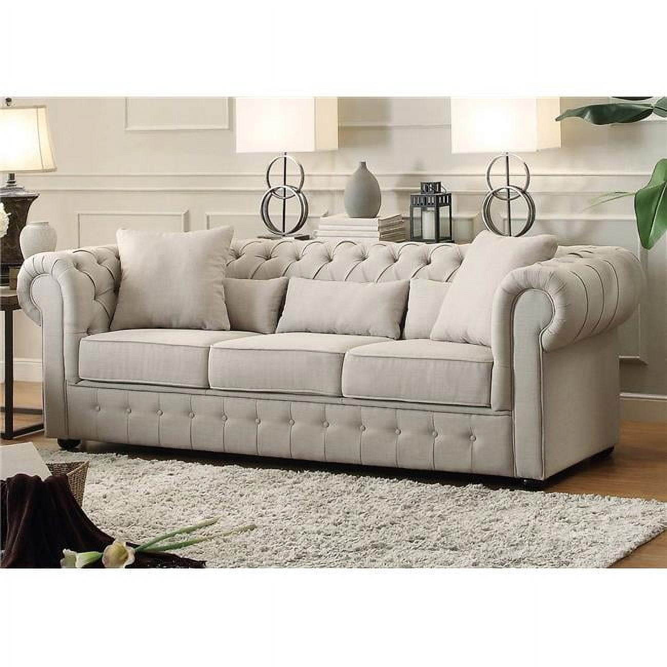 Elegant Savonburg 98.5" Beige Fabric Chesterfield Sofa with Button Tufting