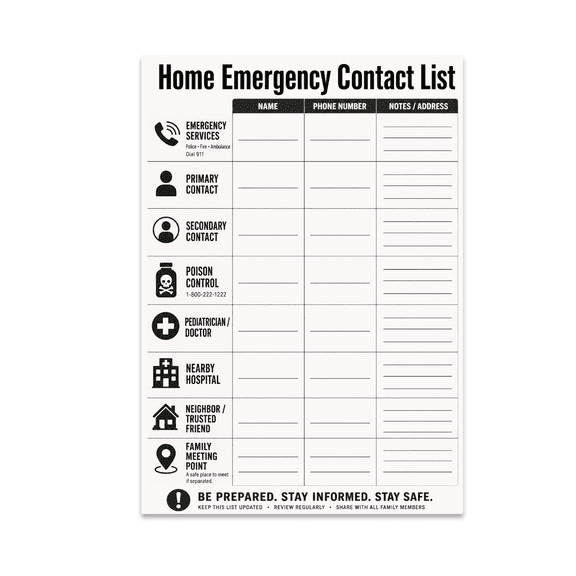 Home Emergency Contact List Poster - Organized Emergency Contacts - 13x19 Poster Print