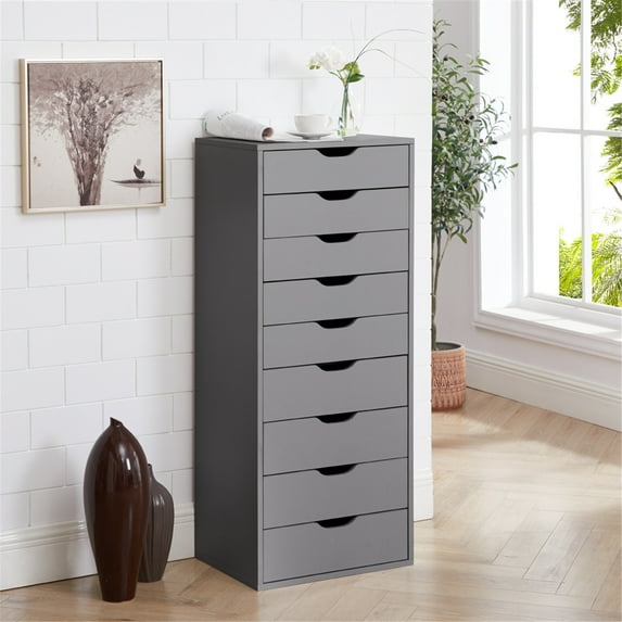Home Emporium Bianca 9 Drawer Dresser, Tall Dressers For Bedroom, Kids Dresser With Storage Shelves With Drawers, Office File Cabinet With 200 Lbs Capacity-Color:Gray