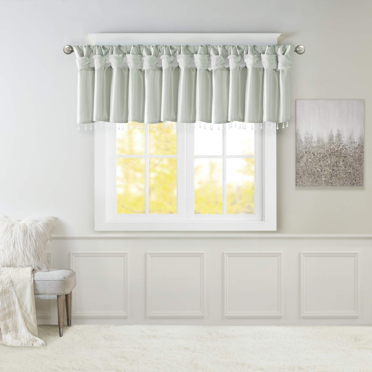 Dusty Aqua Faux Silk Tab Top Valance with Beads