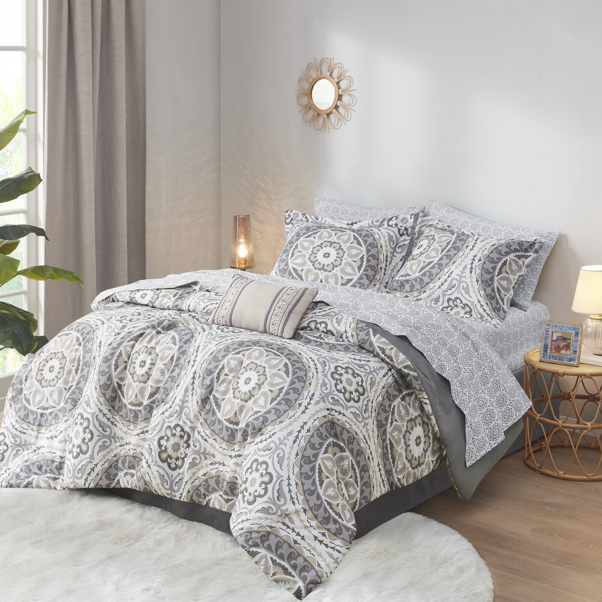 Taupe Twin Microfiber 7-Piece Comforter Set with Medallion Pattern