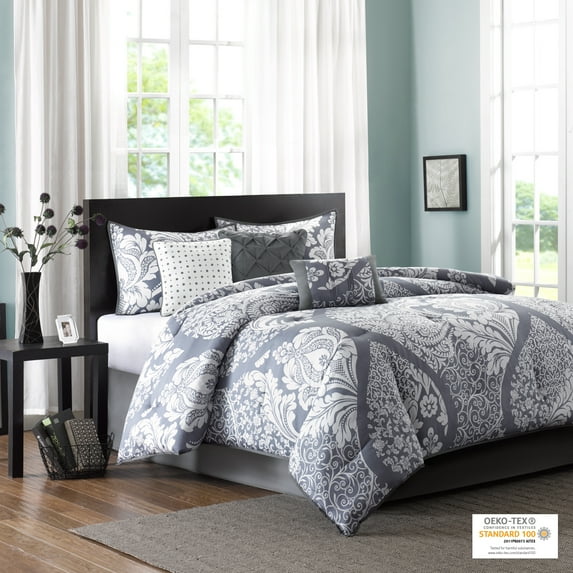 Home Essence Adela 7 Piece Cotton Printed Comforter Set, Gray, Queen