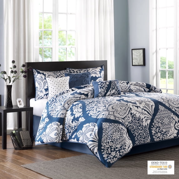 Home Essence Adela 7 Piece Cotton Printed Comforter Set, Indigo, Cal King