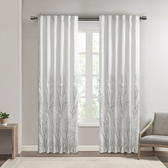 Home Essence Aden Faux Silk Embroidered Light Filtering Window Curtain, White, 50" x 84"