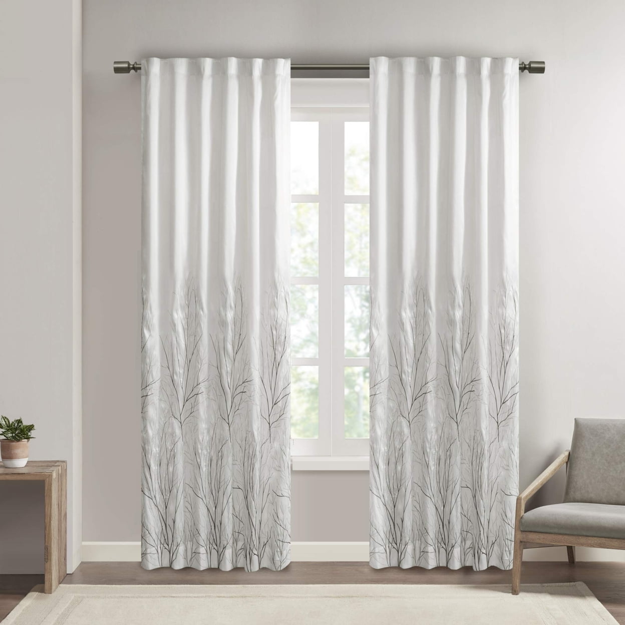 White Faux Silk Embroidered Puddle Length Curtain Panel