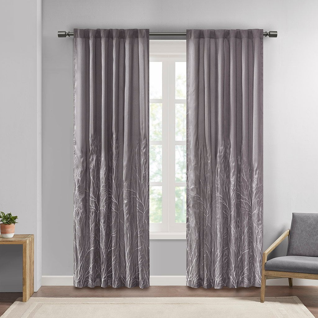 Gray Faux Silk Embroidered Puddle Length Curtain Panel