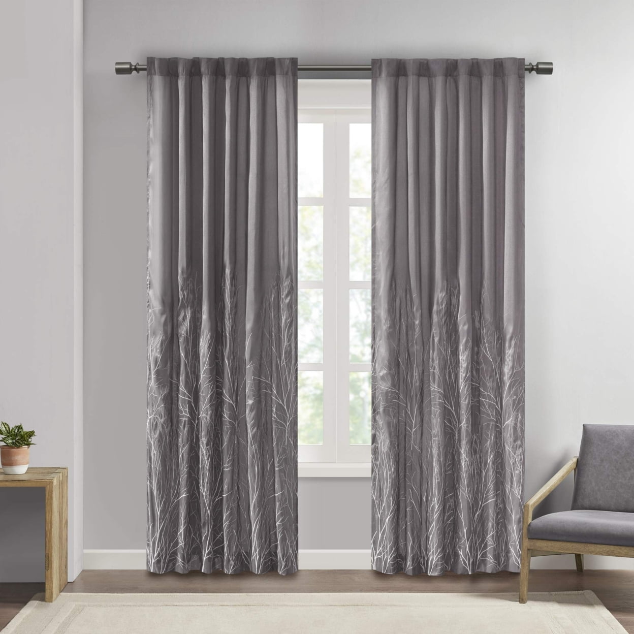 Gray Faux Silk Embroidered Puddle Length Curtain Panel