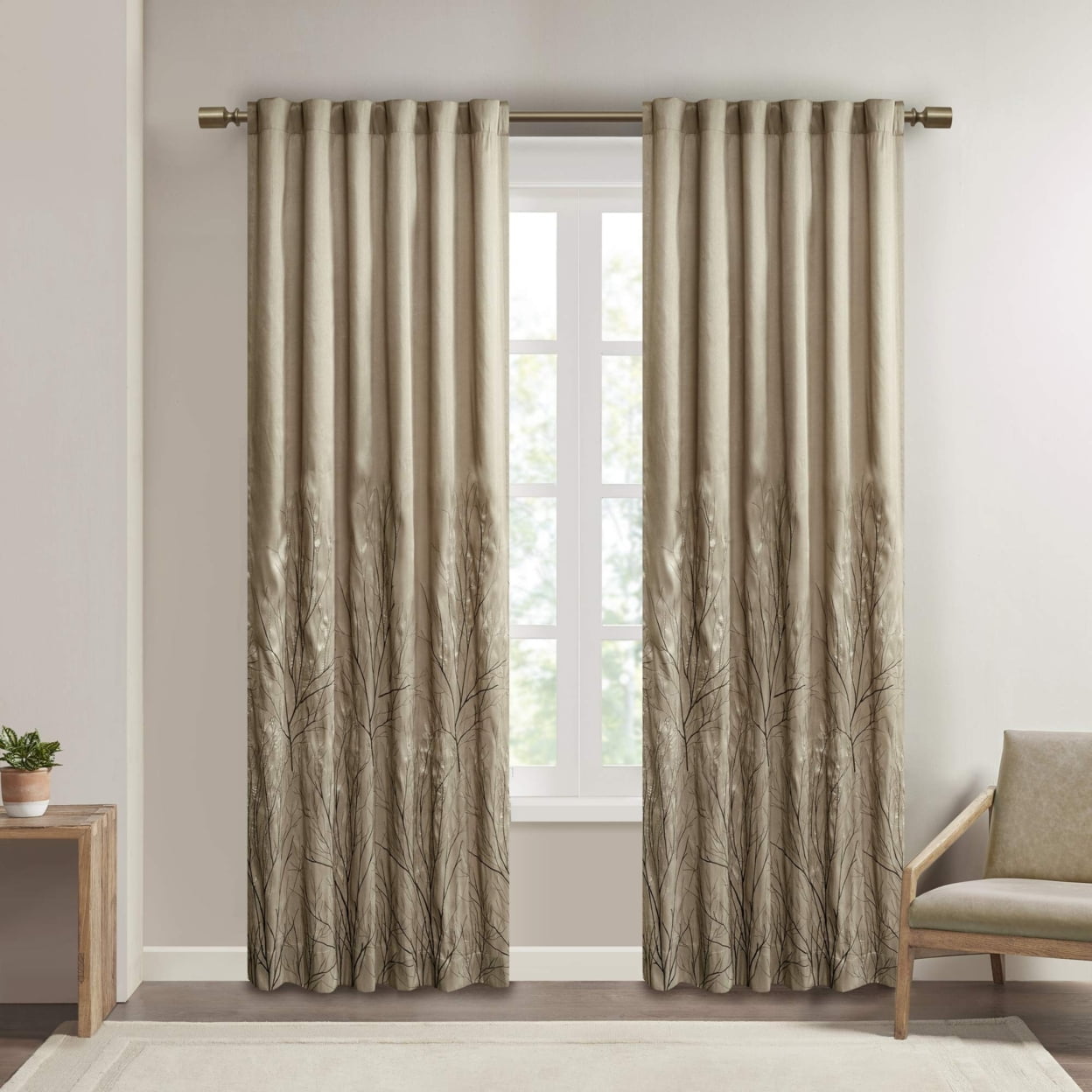 White Faux Silk Embroidered Branch Puddle Length Curtain Panel