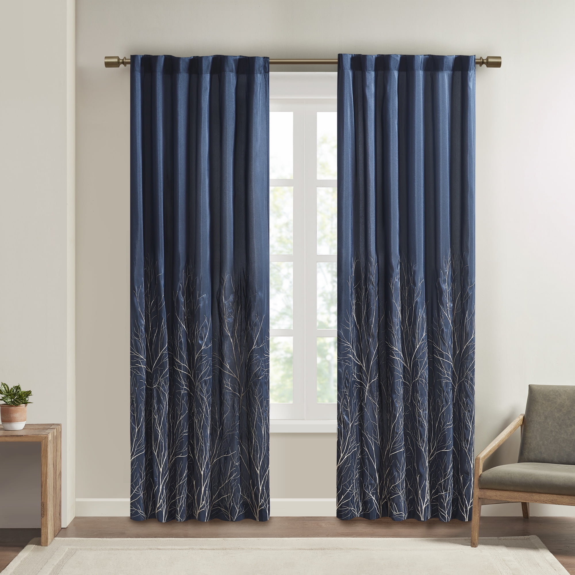 Navy Faux Silk Embroidered Branch Puddle Length Curtain Panel