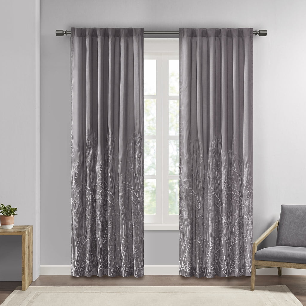 Gray Faux Silk Embroidered Puddle Length Curtain Panel