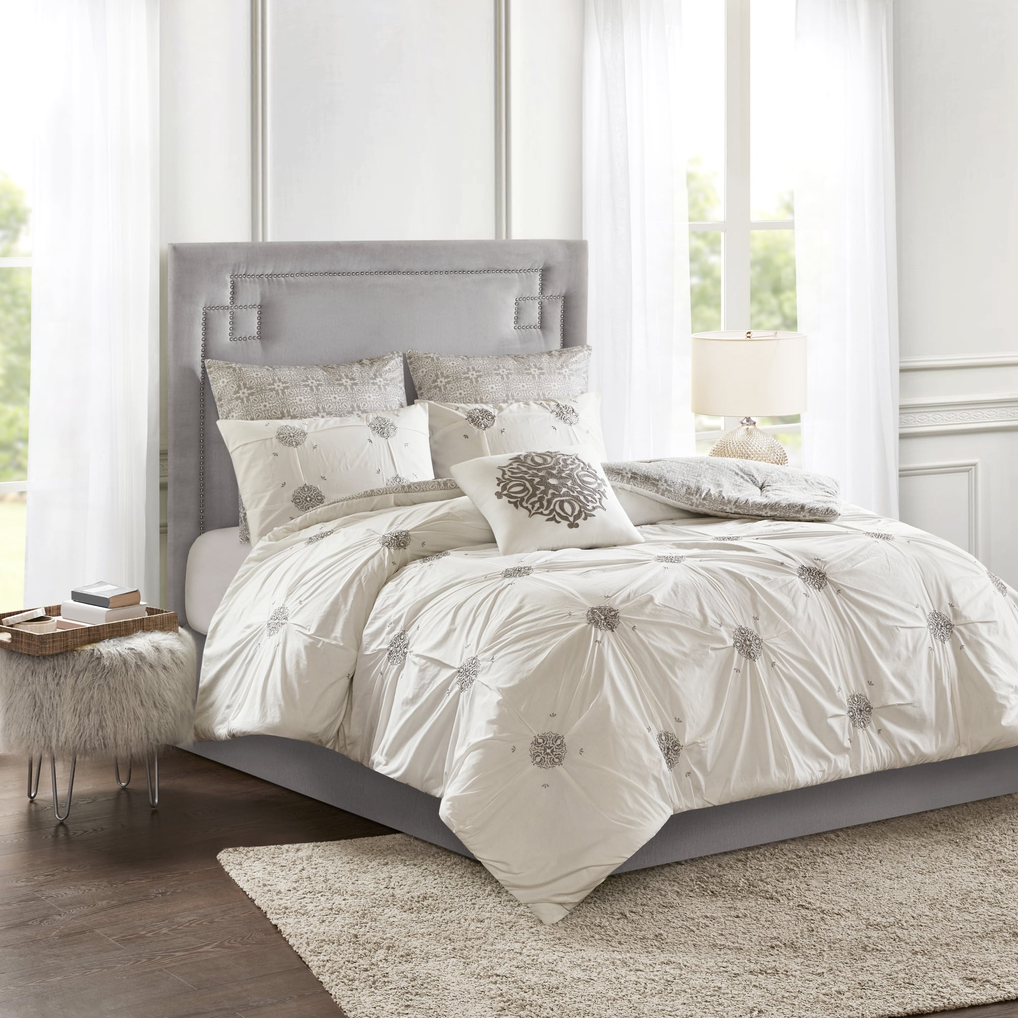Gray Cotton Reversible King Embroidered Comforter Set