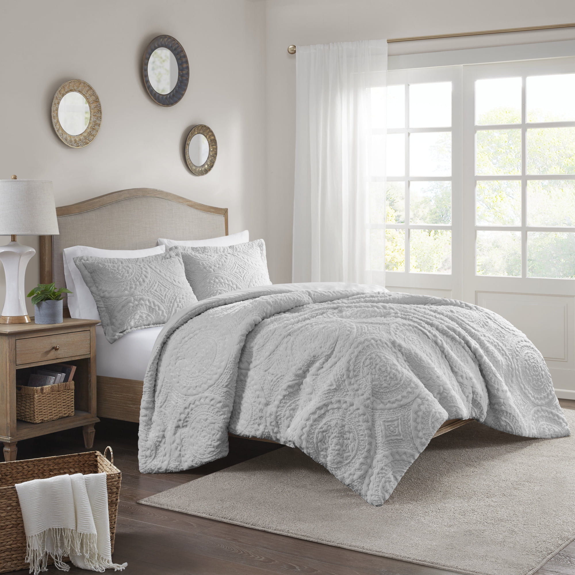 Gray Full Faux Fur Reversible Bedspread Set