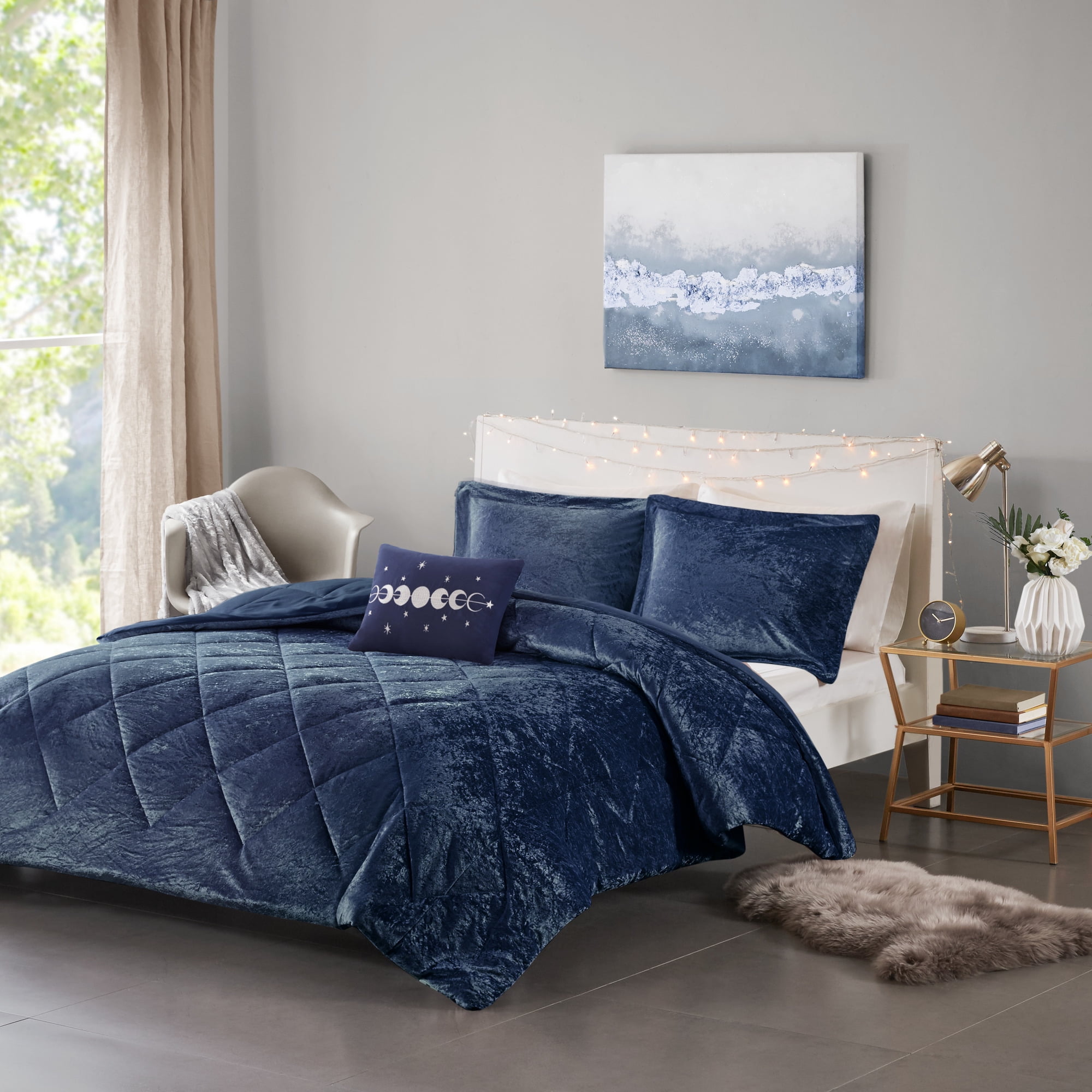 Navy Twin Crushed Velvet Diamond Quilted Bedspread Set