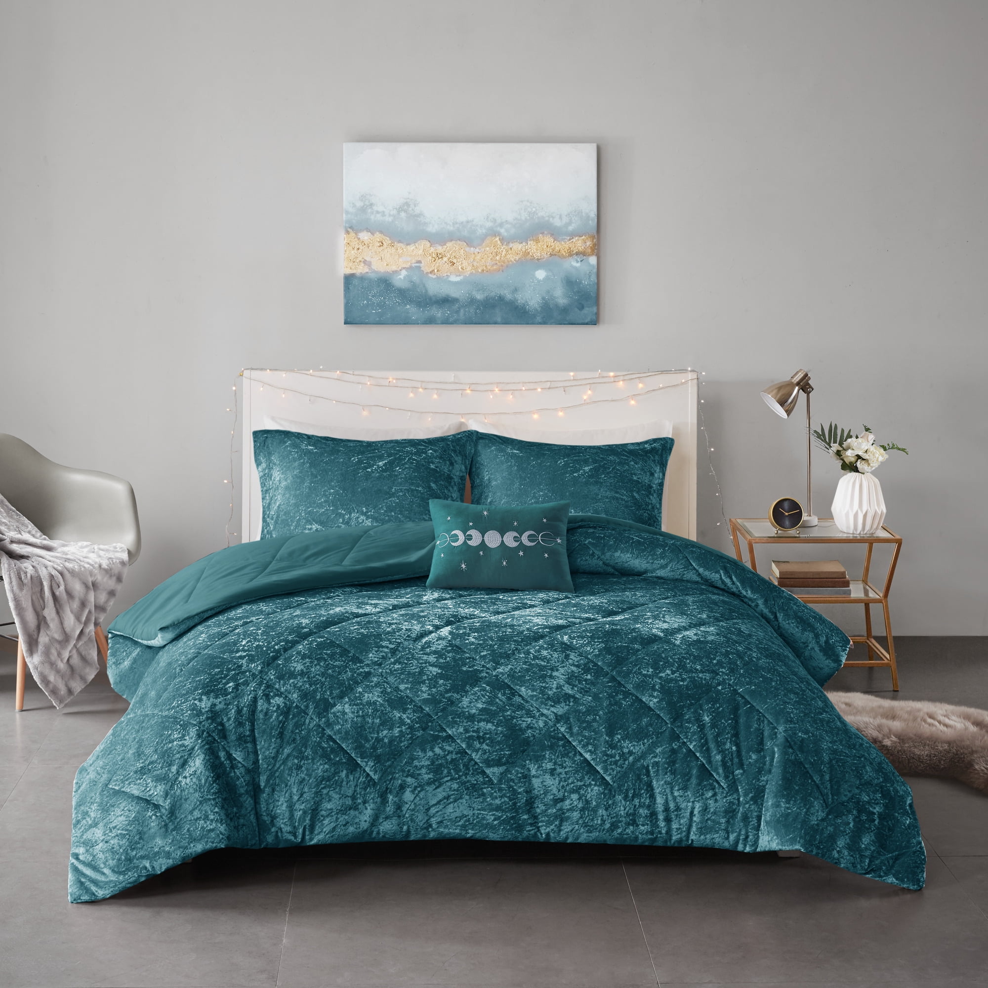 Home Essence Alyssa Diamond Quilted Teal Velvet 4 Piece Comforter Set