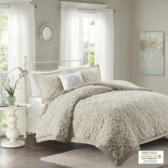 Home Essence Amber 4 piece Tufted Cotton Comforter set, King/Cal King, Taupe